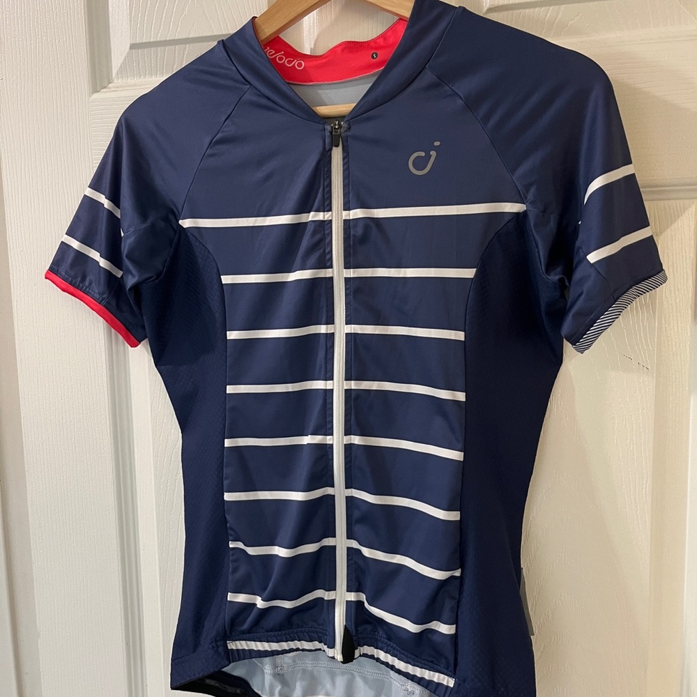 Velocio women’s Small Breton cycling jersey blue white stripes zippered pocket